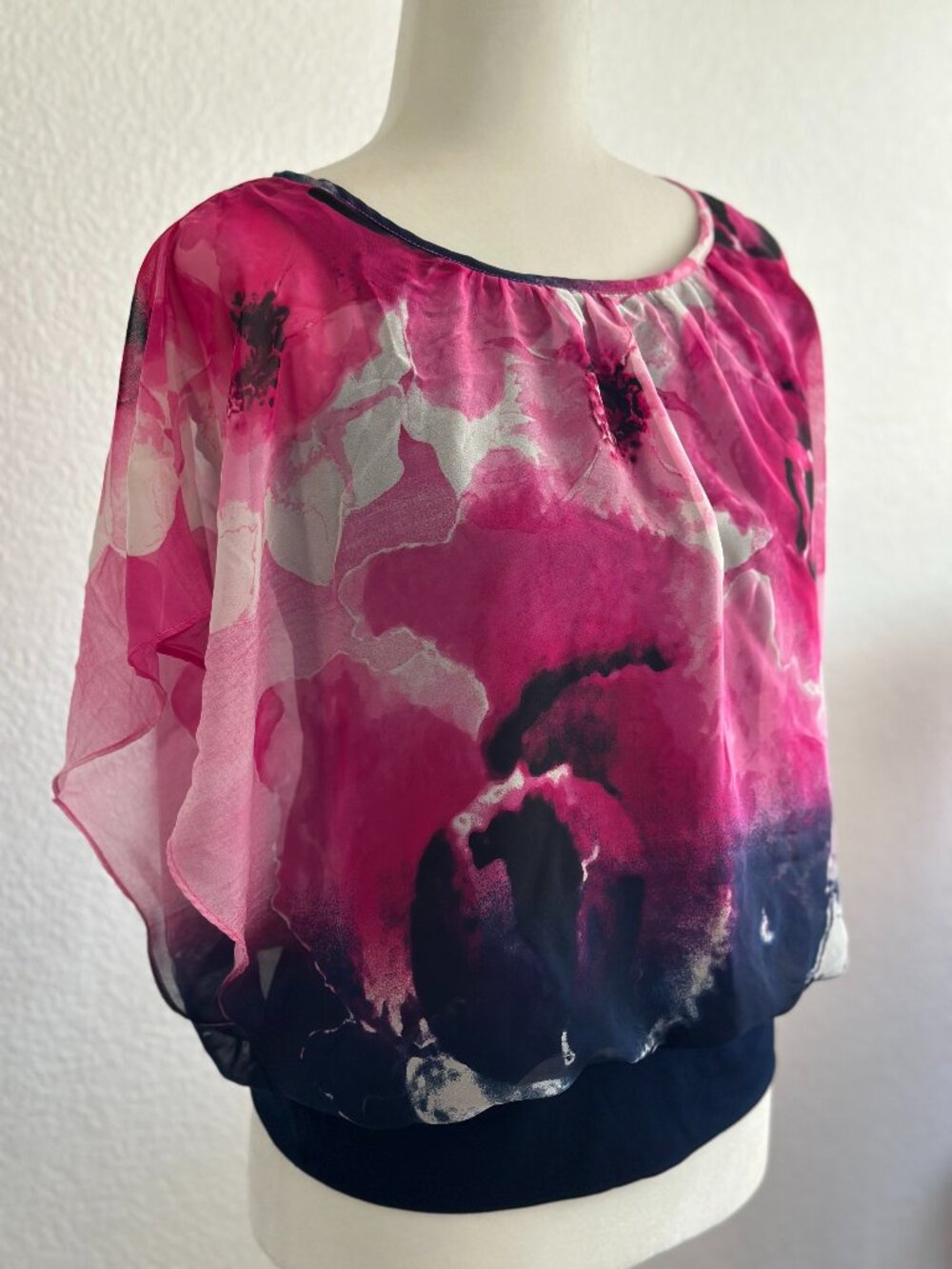 Style & Co Floral Chiffon Overlay Blouse Size Small Pink Navy Layered Top - Picture 1 of 6